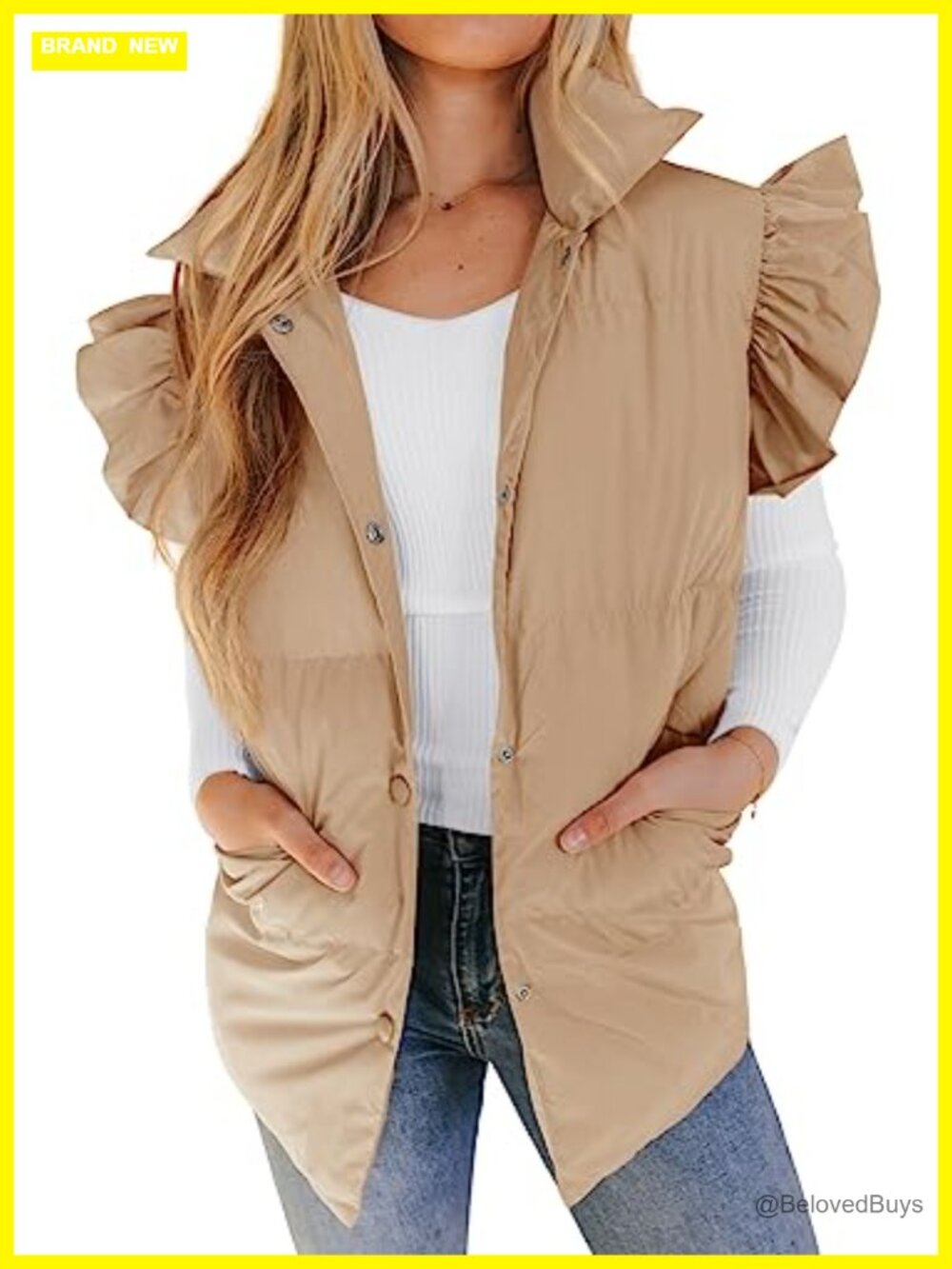 Womens Puffer Vest Ruffle Sleeve Button Down Quilted Padded Gilet Fall Winter